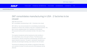 SKF consolidates manufacturing in USA - 2 factories to be closed - skf usa inc