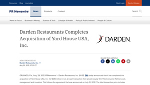 Darden Restaurants Completes Acquisition of Yard House USA, Inc. - yard house usa inc