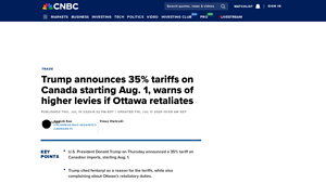 Trump announces 35% tariffs on Canada starting Aug. 1, warns of ... - canada tariffs on usa