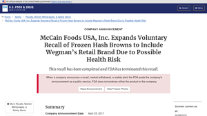 McCain Foods USA, Inc. Expands Voluntary Recall of Frozen Hash Browns ... - mccain foods usa inc
