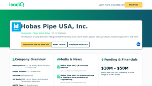 Hobas Pipe USA, Inc. Company Overview, Contact Details & Competitors ... - hobas pipe usa inc
