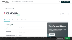 CAF USA, INC. - LEI: 9845005087415F577F57 | LEI Lookup - caf usa inc