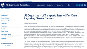 U.S Department of Transportation modifies Order Regarding Chinese ... - usa to china transportation services