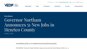 Governor Northam Announces 51 New Jobs in Henrico County - anord mardix usa inc